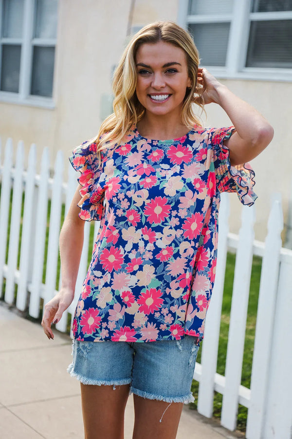 Vacay Ready Blue & Fuchsia Floral Smocked Ruffle Sleeve Top - Coeur de la Mode