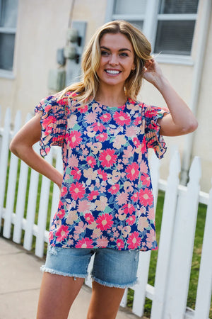 Vacay Ready Blue & Fuchsia Floral Smocked Ruffle Sleeve Top - Coeur de la Mode