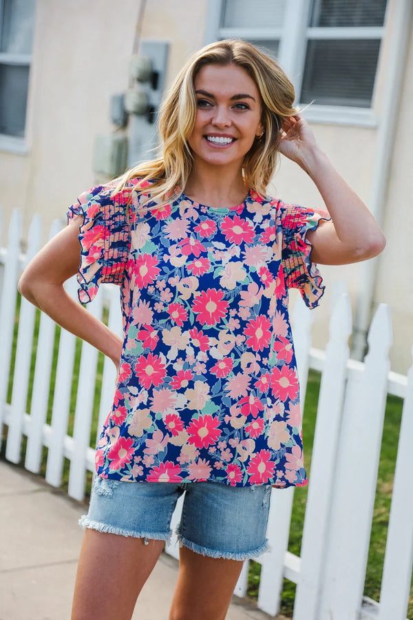 Vacay Ready Blue & Fuchsia Floral Smocked Ruffle Sleeve Top - Coeur de la Mode