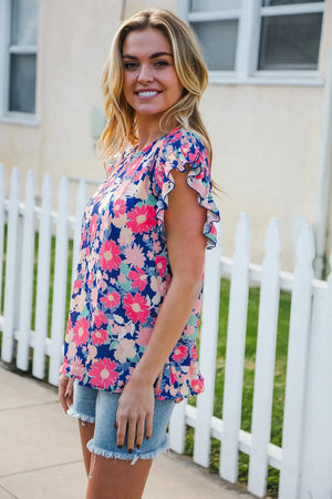 Vacay Ready Blue & Fuchsia Floral Smocked Ruffle Sleeve Top - Coeur de la Mode