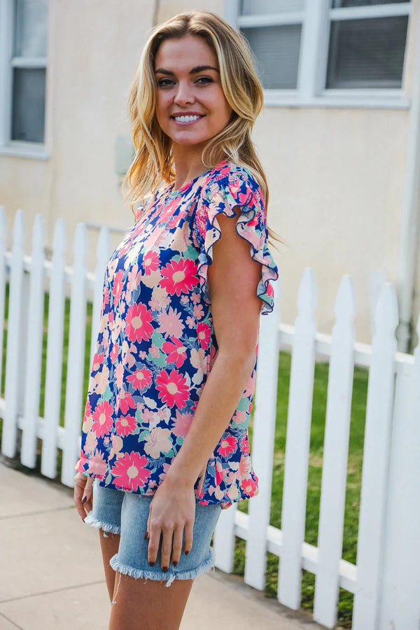 Vacay Ready Blue & Fuchsia Floral Smocked Ruffle Sleeve Top - Coeur de la Mode