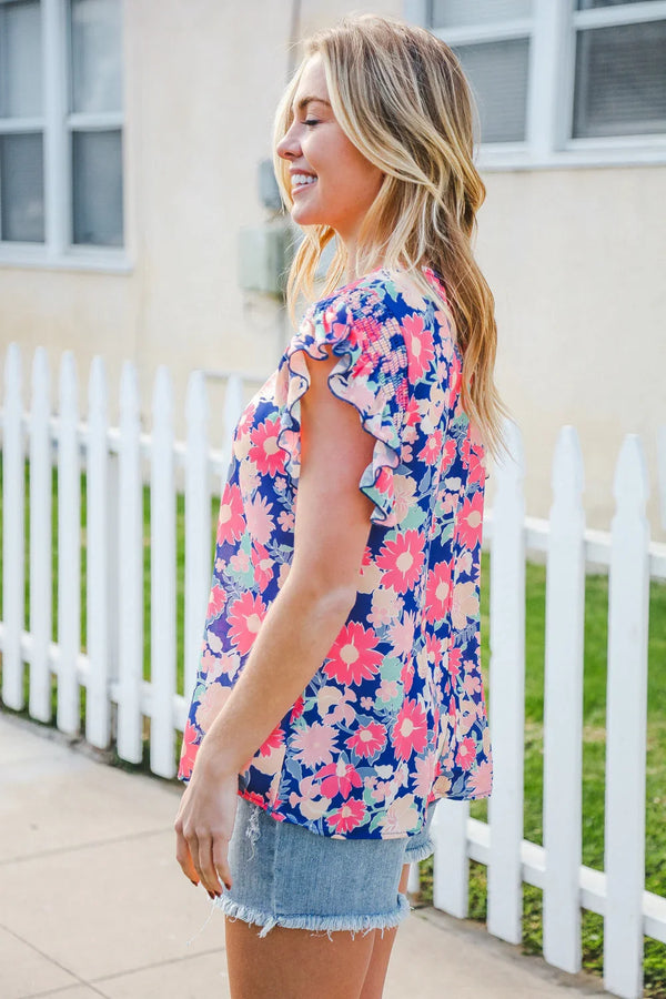 Vacay Ready Blue & Fuchsia Floral Smocked Ruffle Sleeve Top - Coeur de la Mode