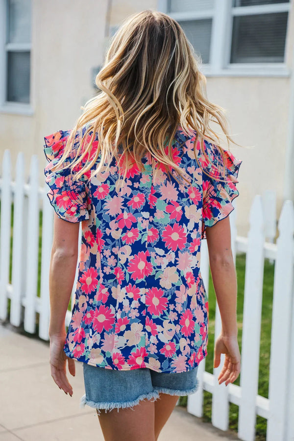 Vacay Ready Blue & Fuchsia Floral Smocked Ruffle Sleeve Top - Coeur de la Mode