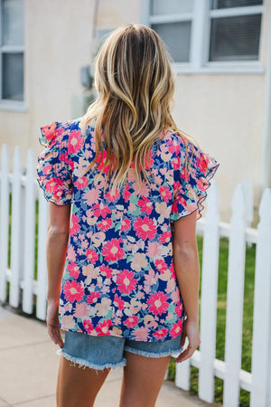 Vacay Ready Blue & Fuchsia Floral Smocked Ruffle Sleeve Top - Coeur de la Mode