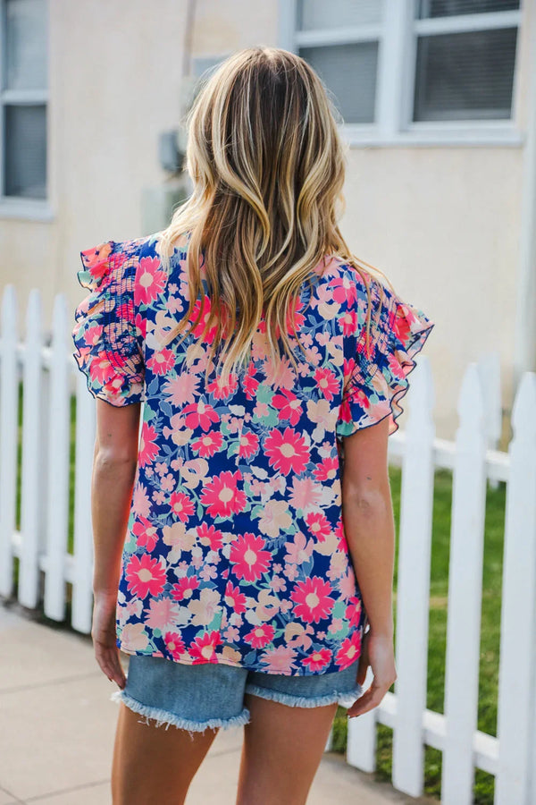 Vacay Ready Blue & Fuchsia Floral Smocked Ruffle Sleeve Top - Coeur de la Mode