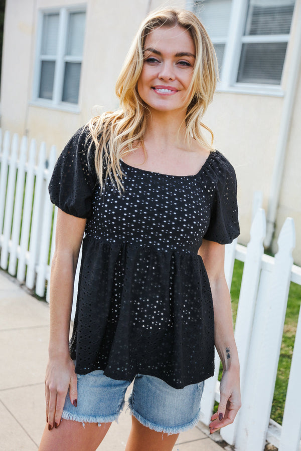 Spring Vibes Midnight Eyelet Puff Sleeve Babydoll Top - Coeur de la Mode