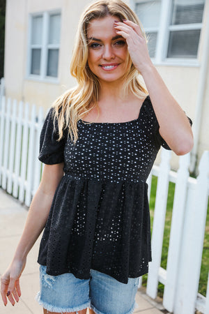 Spring Vibes Midnight Eyelet Puff Sleeve Babydoll Top - Coeur de la Mode