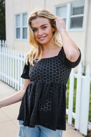 Spring Vibes Midnight Eyelet Puff Sleeve Babydoll Top - Coeur de la Mode
