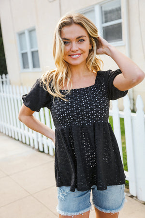 Spring Vibes Midnight Eyelet Puff Sleeve Babydoll Top - Coeur de la Mode