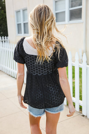 Spring Vibes Midnight Eyelet Puff Sleeve Babydoll Top - Coeur de la Mode