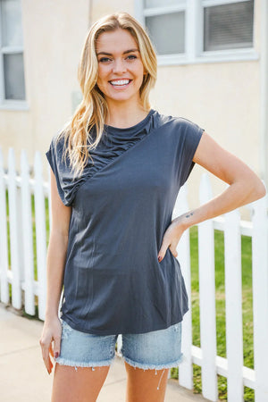 Charming In Charcoal Asymmetrical Shirred Modal Top - Coeur de la Mode