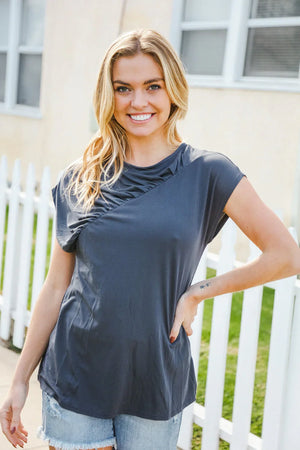 Charming In Charcoal Asymmetrical Shirred Modal Top - Coeur de la Mode