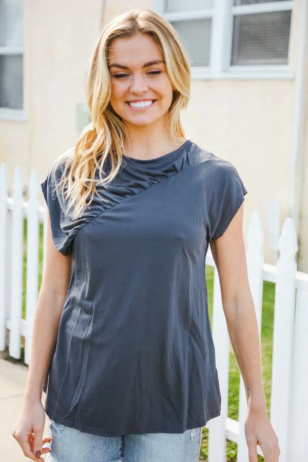 Charming In Charcoal Asymmetrical Shirred Modal Top - Coeur de la Mode