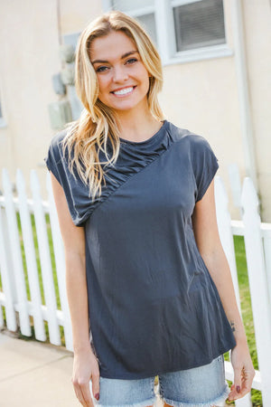 Charming In Charcoal Asymmetrical Shirred Modal Top - Coeur de la Mode