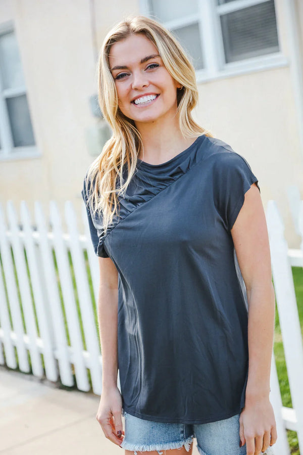 Charming In Charcoal Asymmetrical Shirred Modal Top - Coeur de la Mode