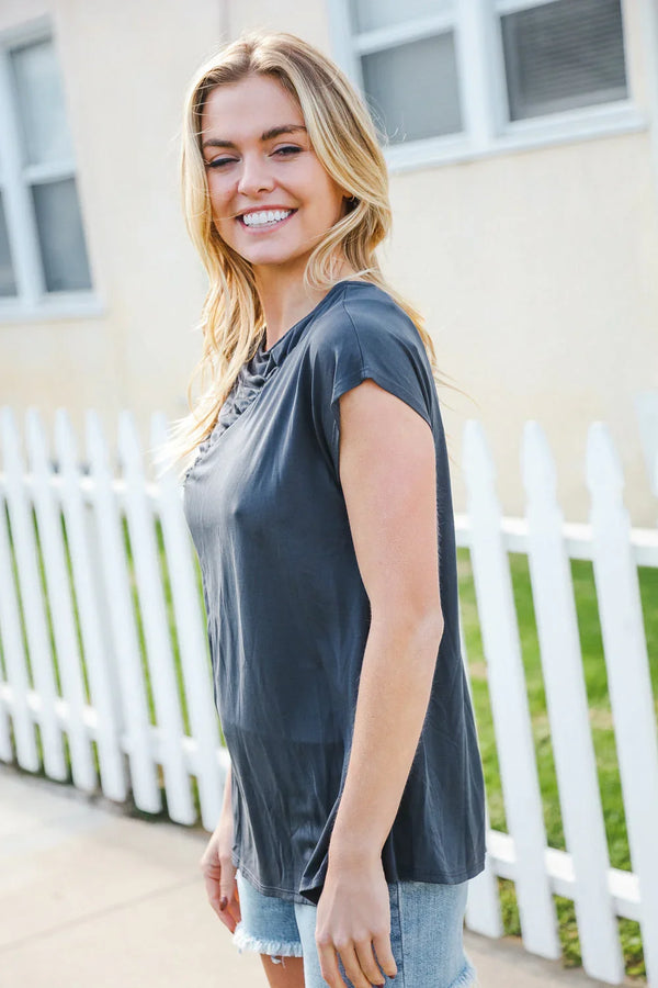 Charming In Charcoal Asymmetrical Shirred Modal Top - Coeur de la Mode