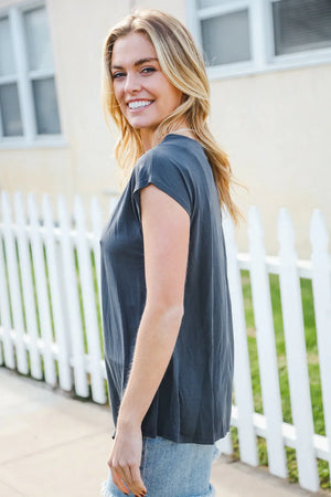 Charming In Charcoal Asymmetrical Shirred Modal Top - Coeur de la Mode