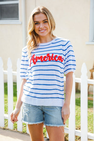 America Proud Blue Striped Embroidered Puff Sleeve Top - Coeur de la Mode