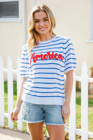 America Proud Blue Striped Embroidered Puff Sleeve Top - Coeur de la Mode
