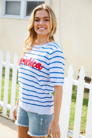 America Proud Blue Striped Embroidered Puff Sleeve Top - Coeur de la Mode
