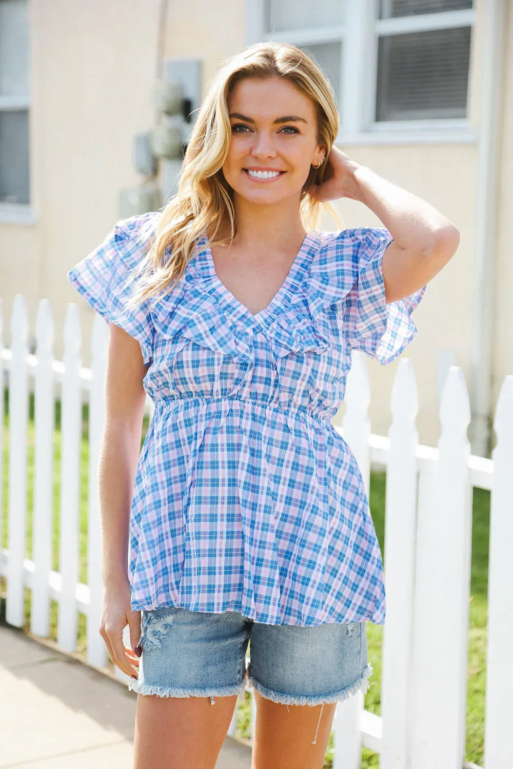 Hello Beautiful Blue Plaid V Neck Ruffle Elastic Babydoll Top - Coeur de la Mode