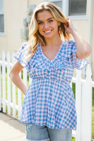 Hello Beautiful Blue Plaid V Neck Ruffle Elastic Babydoll Top - Coeur de la Mode