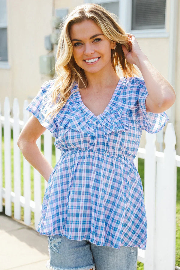Hello Beautiful Blue Plaid V Neck Ruffle Elastic Babydoll Top - Coeur de la Mode