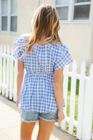 Hello Beautiful Blue Plaid V Neck Ruffle Elastic Babydoll Top - Coeur de la Mode
