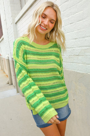 Dazzle in Lime & Green Stripe Long Sleeve Loose Knit Sweater
