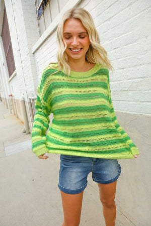 Dazzle in Lime & Green Stripe Long Sleeve Loose Knit Sweater