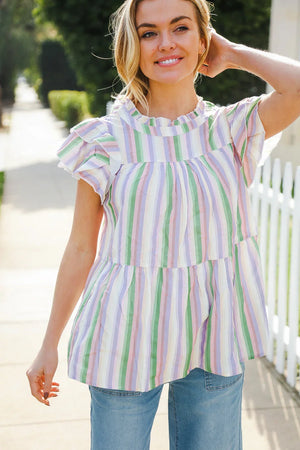 Easy To Love Lavender Stripe Double Ruffle Sleeve Tiered Top - Coeur de la Mode