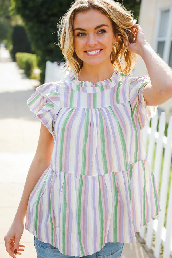 Easy To Love Lavender Stripe Double Ruffle Sleeve Tiered Top - Coeur de la Mode