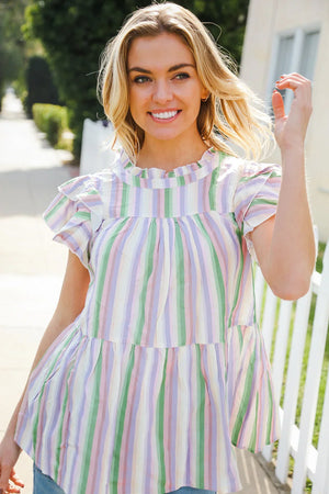 Easy To Love Lavender Stripe Double Ruffle Sleeve Tiered Top - Coeur de la Mode