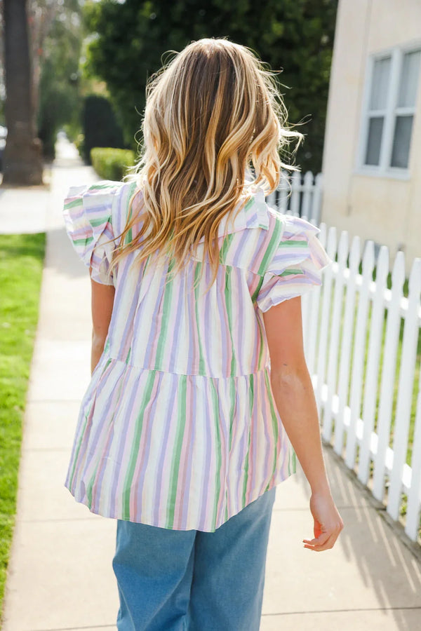 Easy To Love Lavender Stripe Double Ruffle Sleeve Tiered Top - Coeur de la Mode