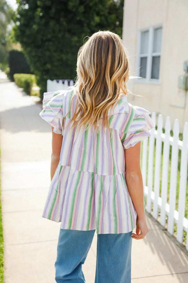 Easy To Love Lavender Stripe Double Ruffle Sleeve Tiered Top - Coeur de la Mode