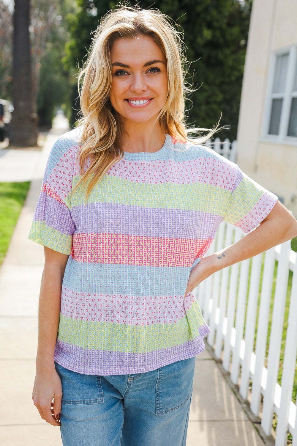 Find Love Lavender & Pink Striped Textured Waffle Knit Top - Coeur de la Mode