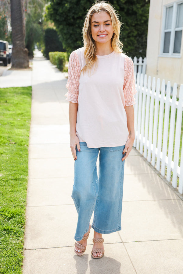 Adorable You Peach French Terry Lace Sleeve Top - Coeur de la Mode