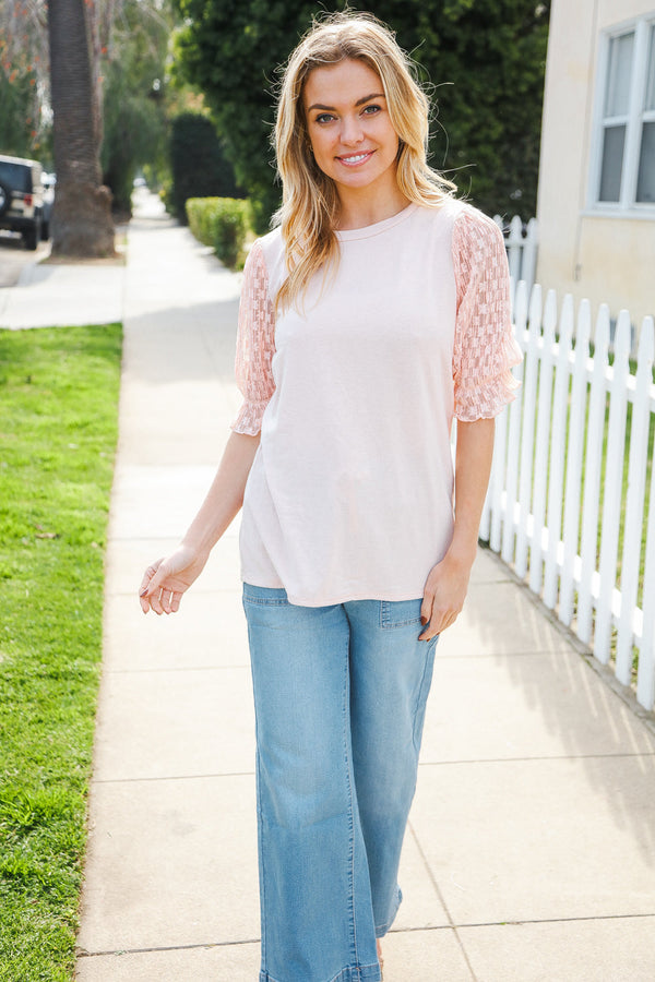 Adorable You Peach French Terry Lace Sleeve Top - Coeur de la Mode