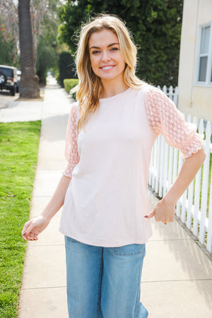Adorable You Peach French Terry Lace Sleeve Top - Coeur de la Mode