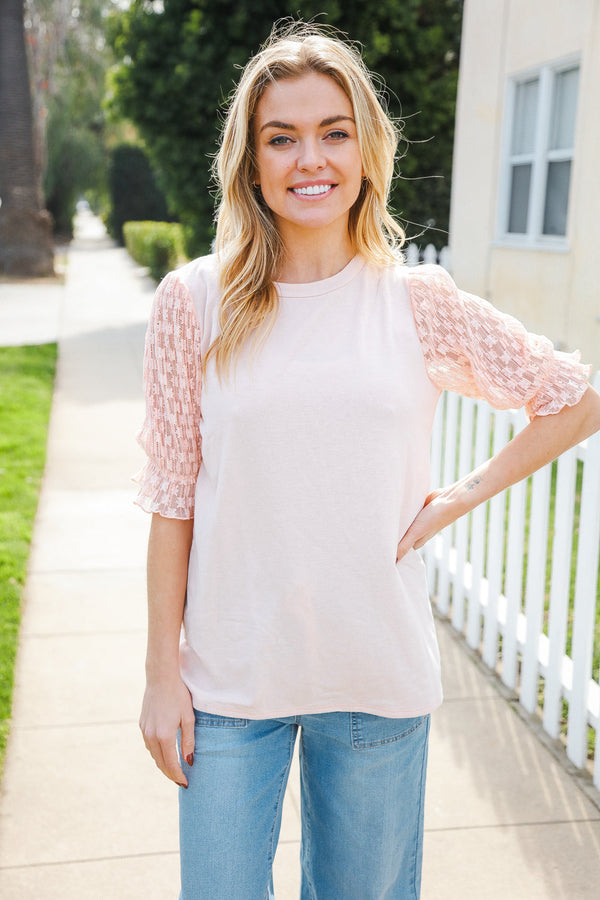 Adorable You Peach French Terry Lace Sleeve Top - Coeur de la Mode