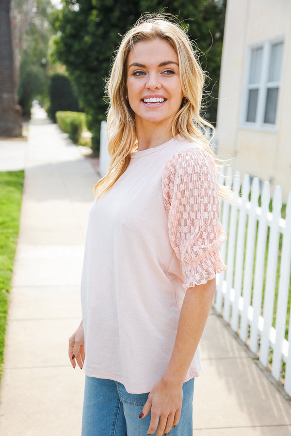Adorable You Peach French Terry Lace Sleeve Top - Coeur de la Mode