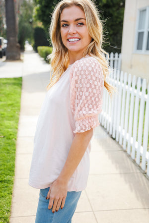 Adorable You Peach French Terry Lace Sleeve Top - Coeur de la Mode