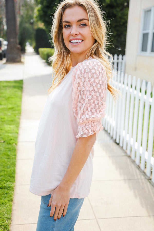 Adorable You Peach French Terry Lace Sleeve Top - Coeur de la Mode