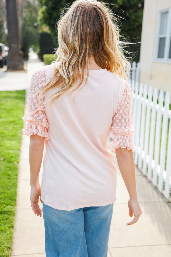 Adorable You Peach French Terry Lace Sleeve Top - Coeur de la Mode