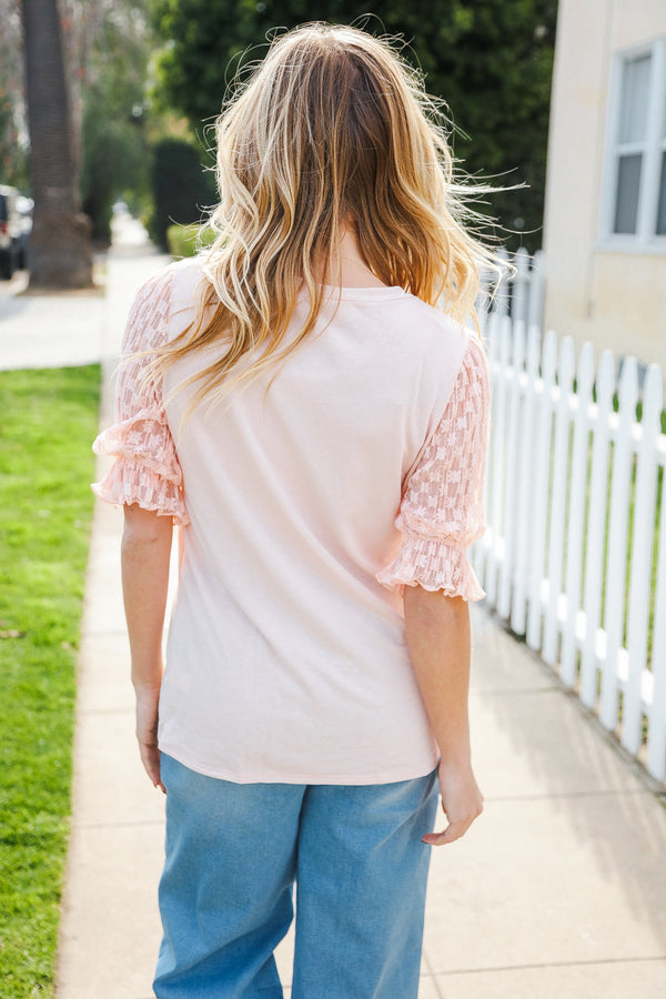 Adorable You Peach French Terry Lace Sleeve Top - Coeur de la Mode