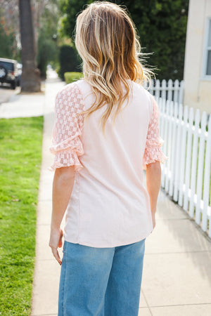 Adorable You Peach French Terry Lace Sleeve Top - Coeur de la Mode