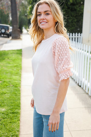Adorable You Peach French Terry Lace Sleeve Top - Coeur de la Mode