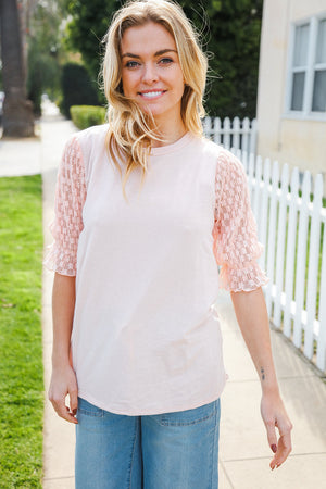Adorable You Peach French Terry Lace Sleeve Top - Coeur de la Mode