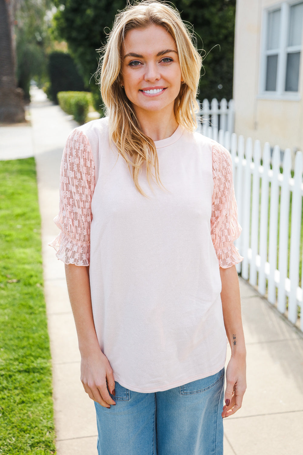 Adorable You Peach French Terry Lace Sleeve Top - Coeur de la Mode