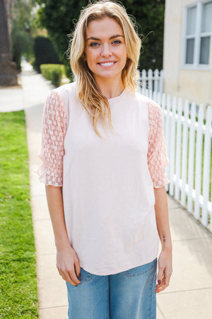 Adorable You Peach French Terry Lace Sleeve Top - Coeur de la Mode